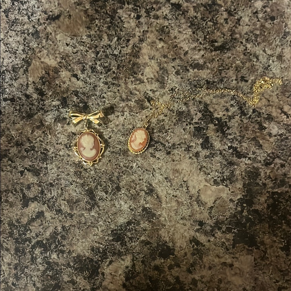 Gold Cameo Pendant and Brooch Set